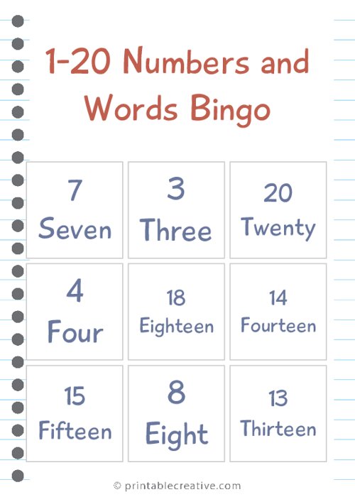 1-20 Numbers and Words Bingo