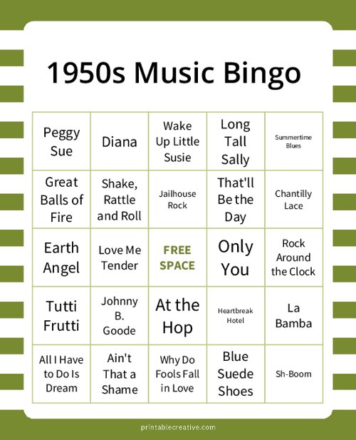 1950s Music Bingo