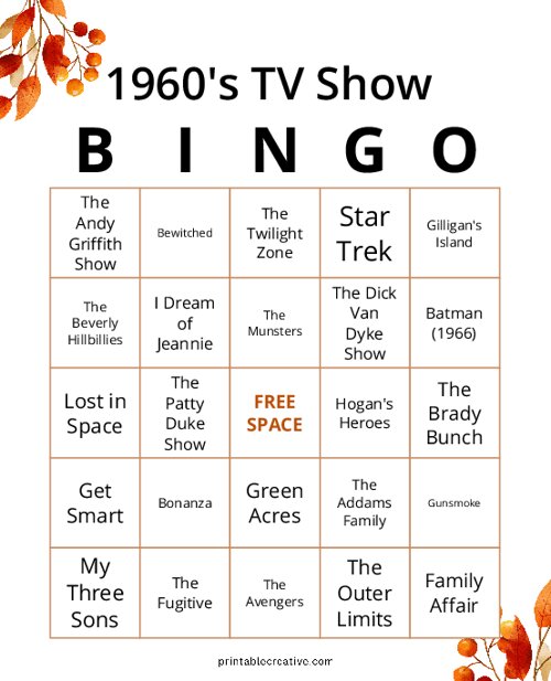 1960\s TV Show Bingo