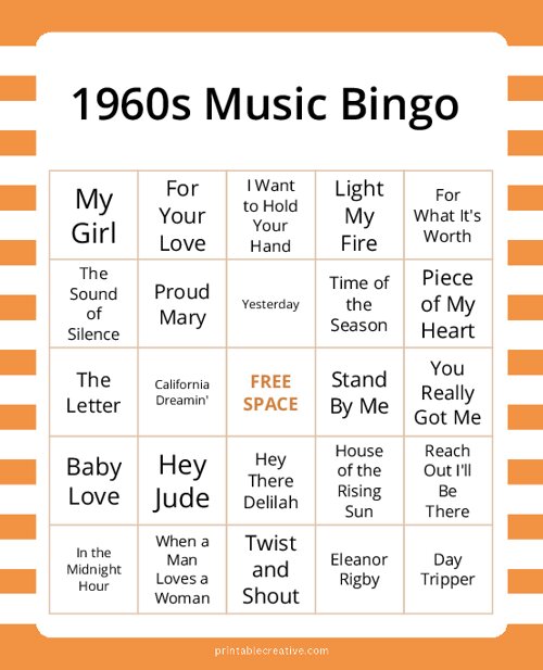 1960s Music Bingo