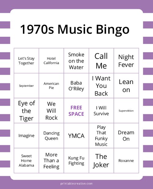1970s Music Bingo