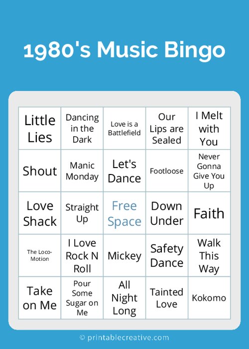 1980s Music Bingo