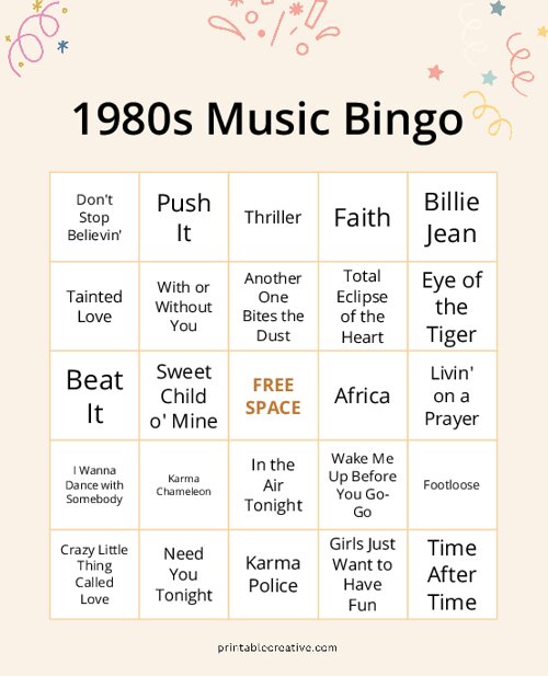 1980s Music Bingo