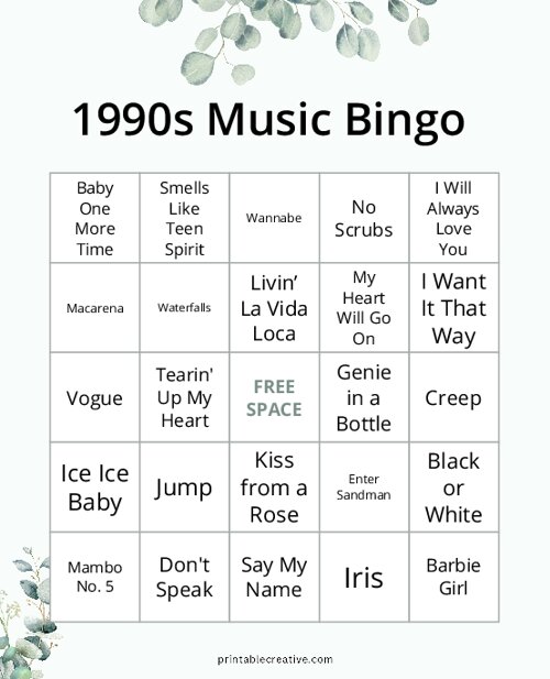 1990s Music Bingo