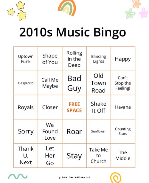 2010s Music Bingo