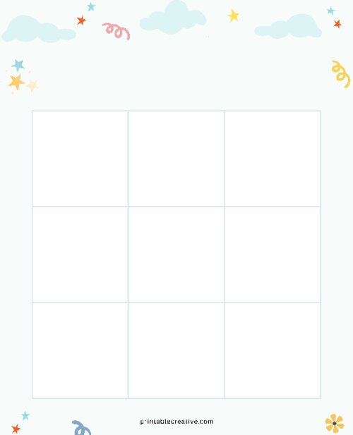3x3 Blank Blue Clouds Bingo
