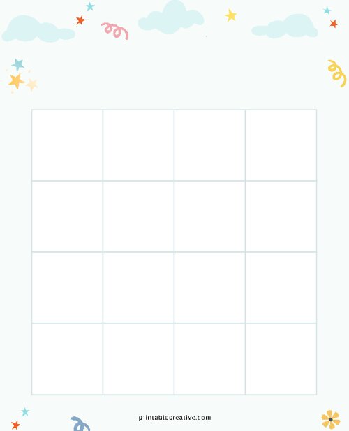 4x4 Blank Blue Clouds Bingo