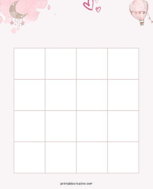 4x4 Blank Pink Air Balloon Bingo