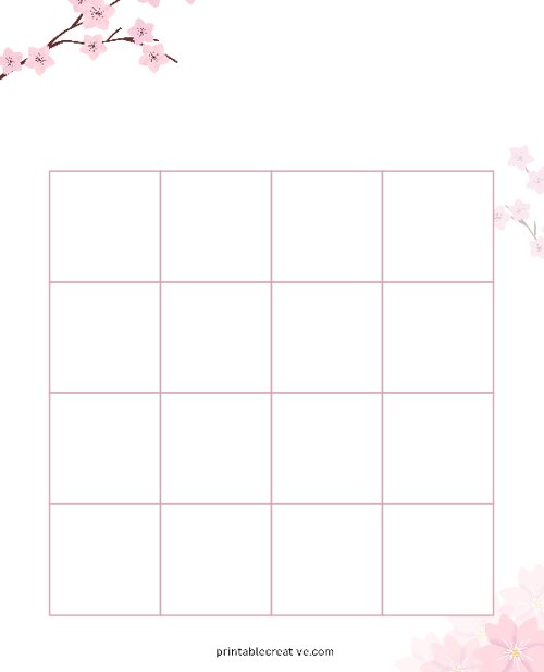 4x4 Blank Pink Flowers Bingo