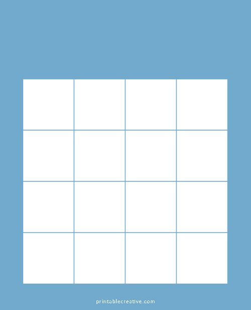 4x4 Blank Solid Blue Bingo