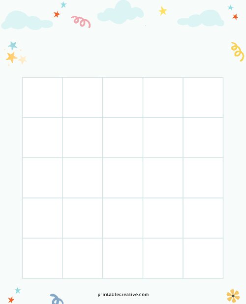 5x5 Blank Blue Clouds Bingo