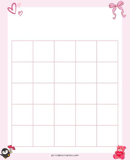 5x5 Blank Lovely Hearts Bingo