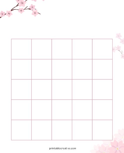 5x5 Blank Pink Flowers Bingo