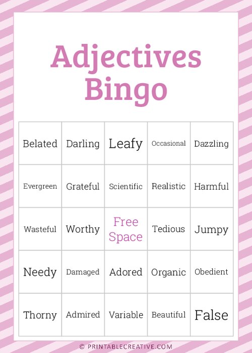 Adjective Bingo Worksheet