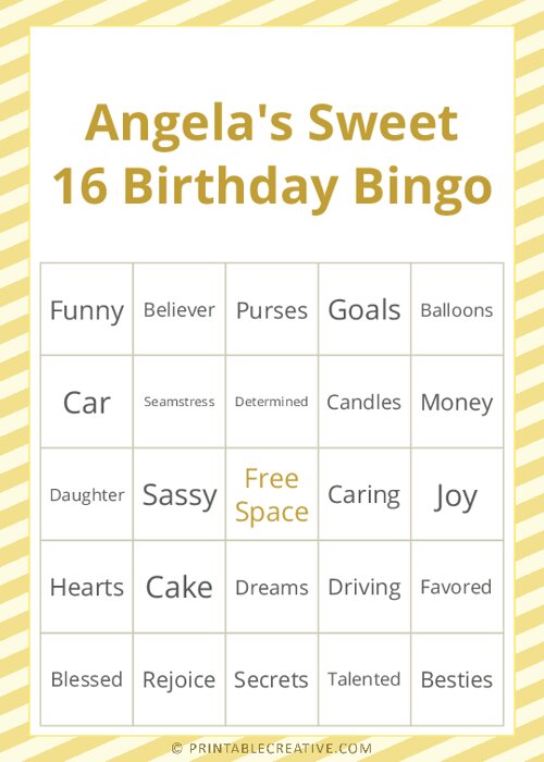 Angelas Sweet 16 Birthday Bingo