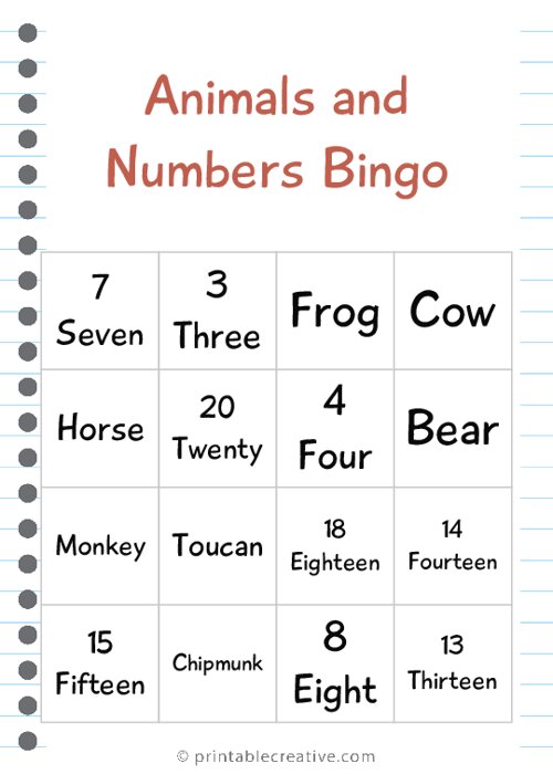 Animals and Numbers Bingo