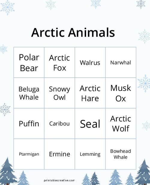 Arctic Animals Bingo