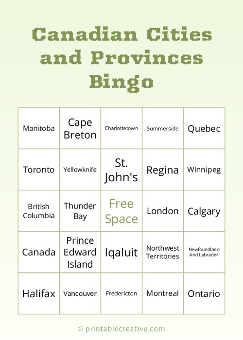 Canadian Cities and Provinces Bingo