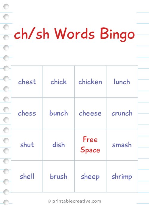 ch/sh Words Bingo