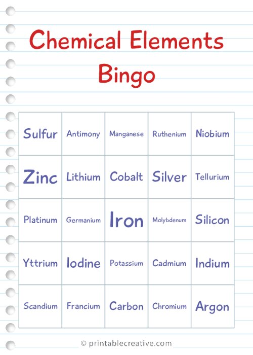 Chemical Elements Bingo