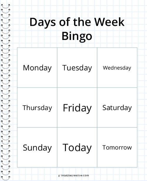 Days of the Week Bingo