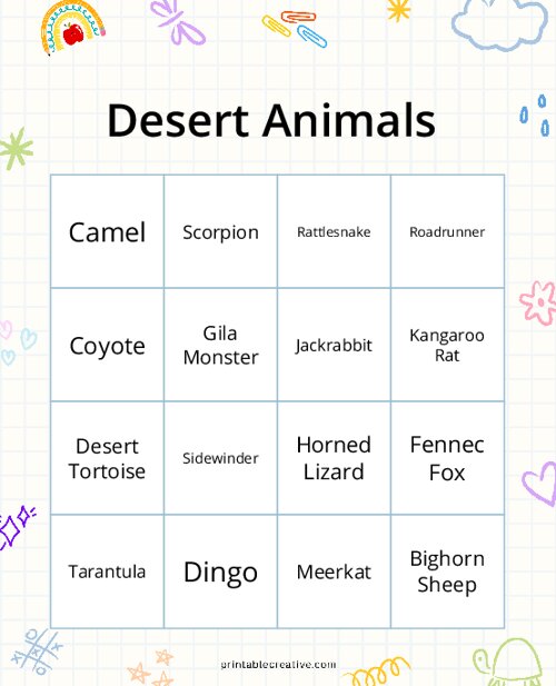 Desert Animals Bingo