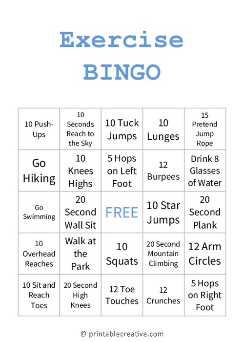 Exercise BINGO - Free Printable Bingo Cards and Games