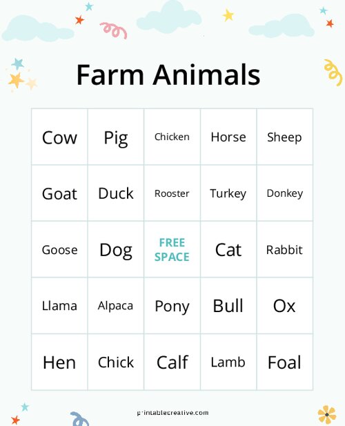 Farm Animals Bingo