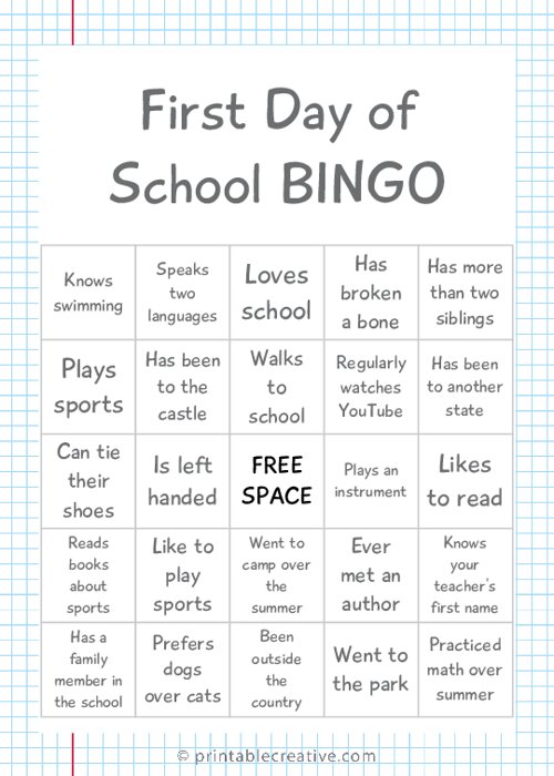 First Day Of School Bingo