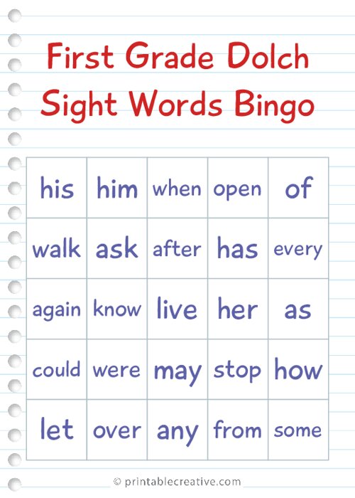 First Grade Dolch Sight Words Bingo
