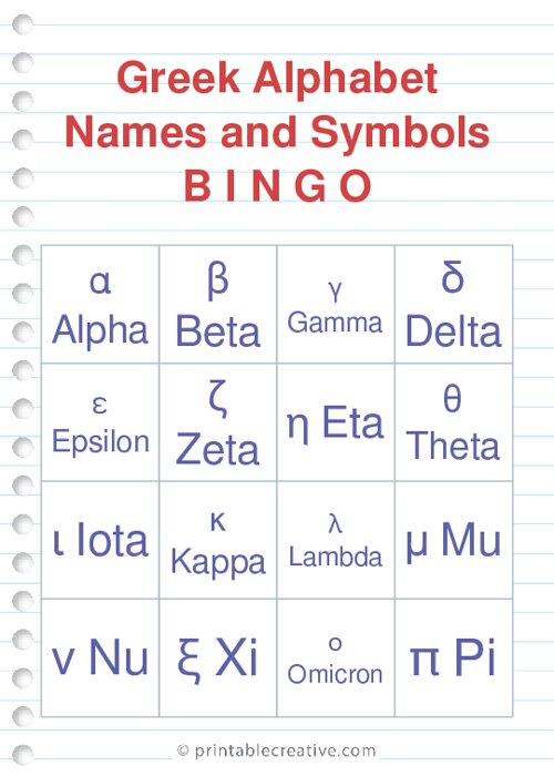 Greek Alphabet Names and Symbols B I N G O