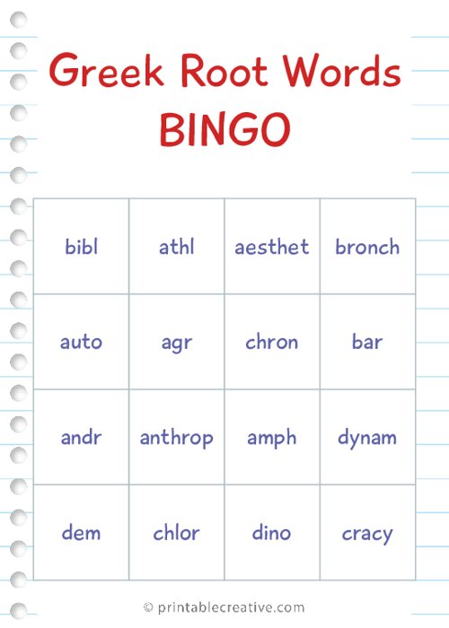 Greek Root Words Bingo