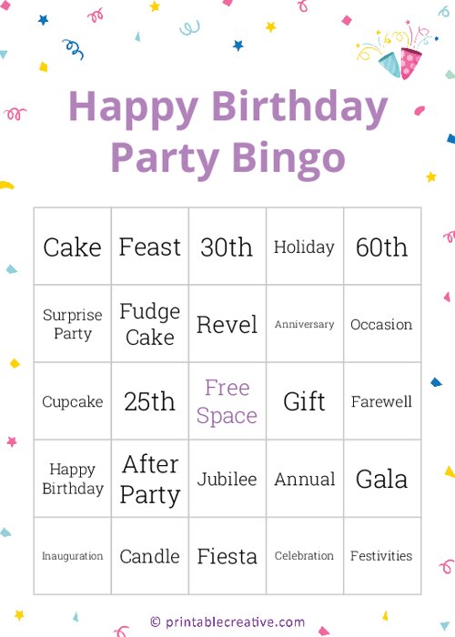 Happy Birthday Party Bingo - Free Printable Bingo Cards and Games