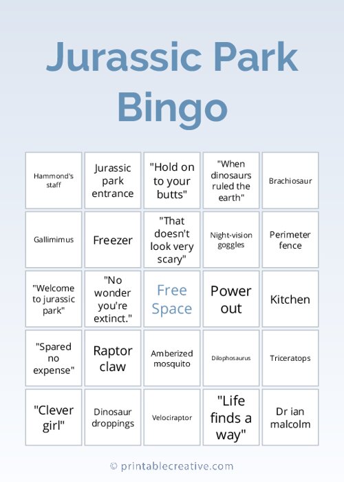 Jurassic Park Bingo