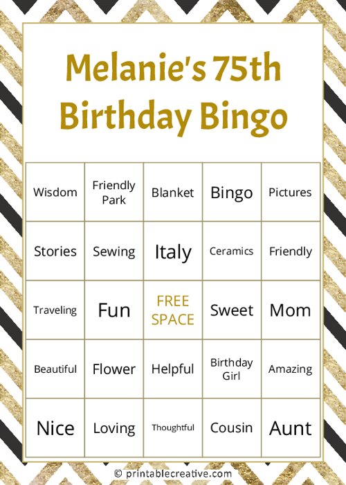 Melanies 75th Birthday Bingo