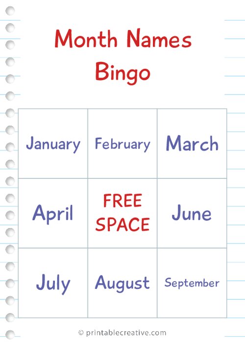 Month Names Bingo