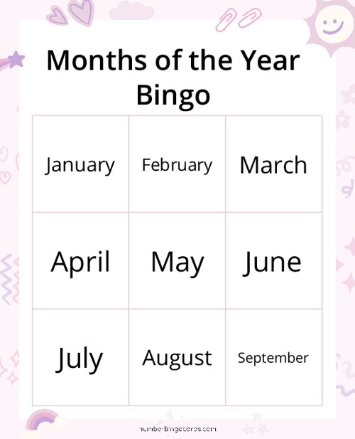 Months of the Year Bingo