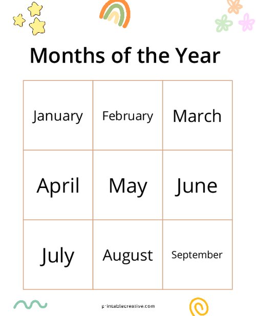 Months of the Year Bingo