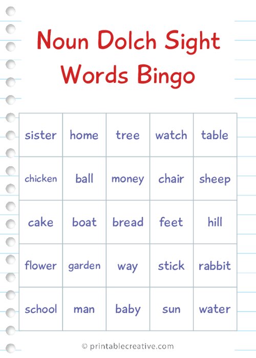 Noun Dolch Sight Words Bingo