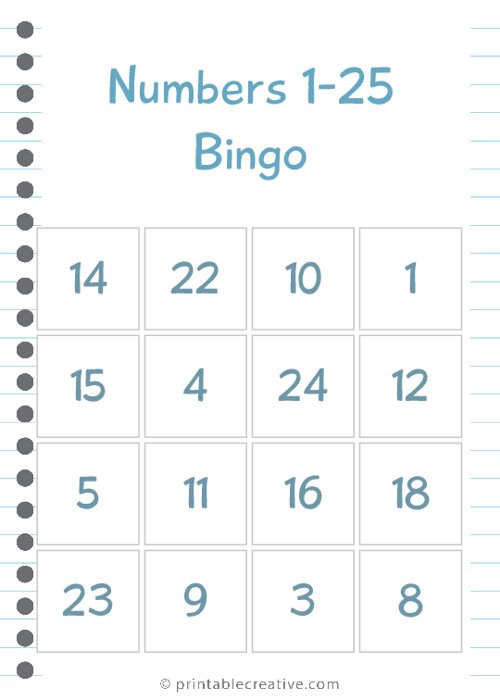 Numbers 1-25 Bingo