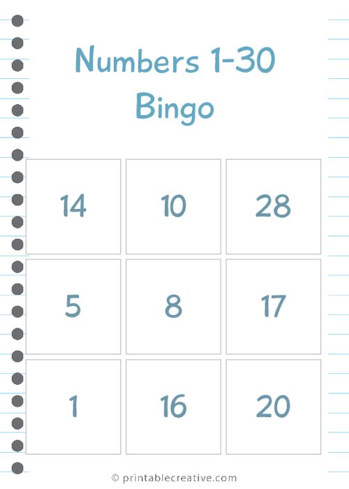 Numbers 1-30 Bingo