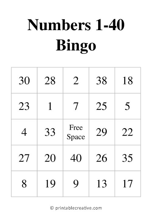 Numbers 1-40 Bingo