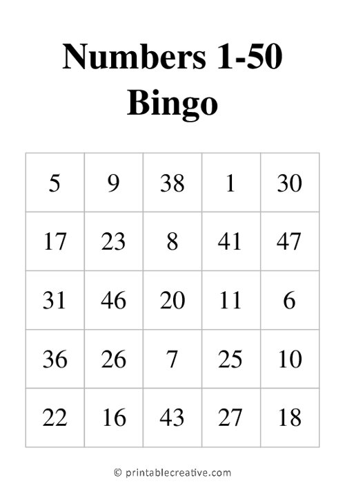 Numbers 1-50 Bingo