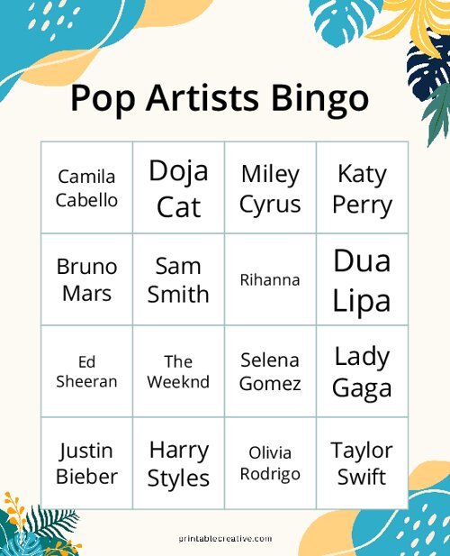 Pop Artists Bingo