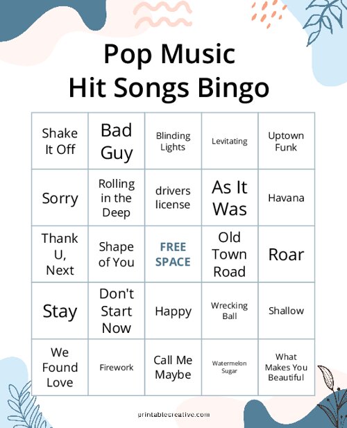 Pop Music: Hit Songs Bingo