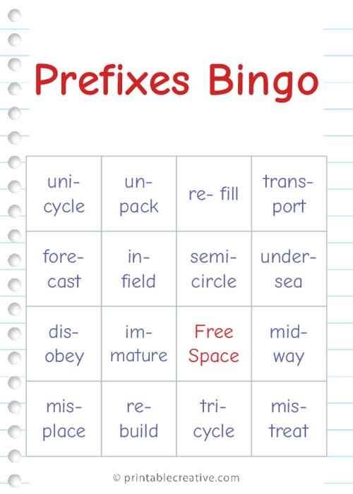 Prefixes Bingo