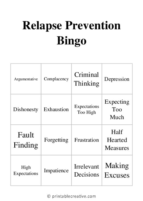 Relapse Prevention Bingo