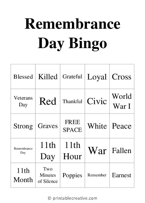 Remembrance Day Bingo