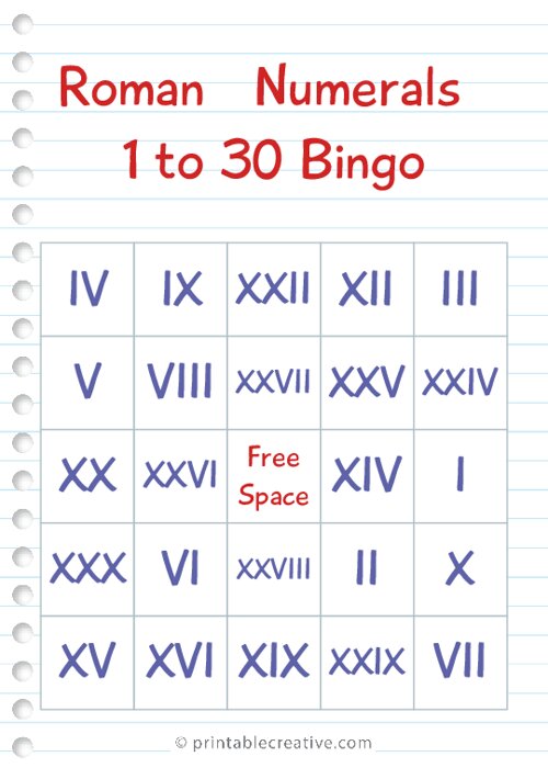 Roman Numerals 1 to 30 Bingo