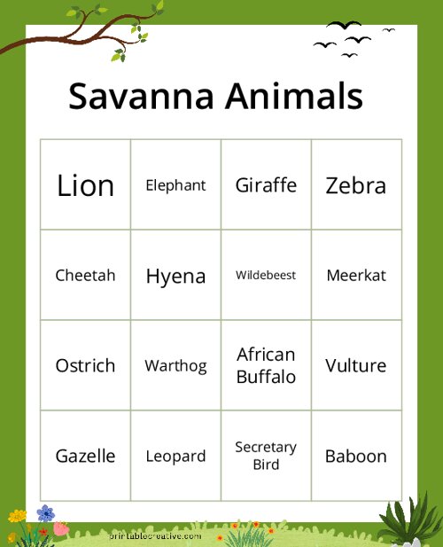 Savanna Animals Bingo